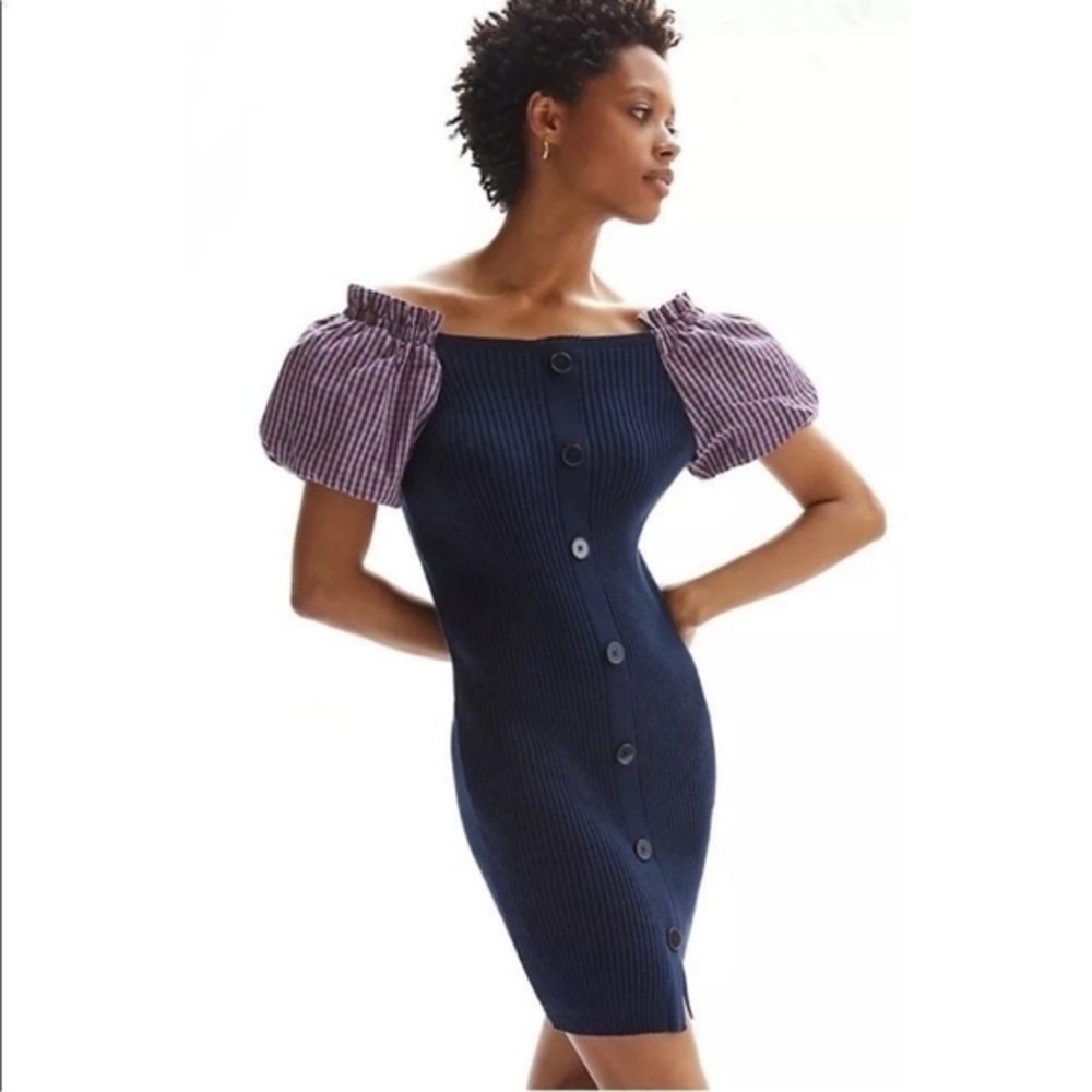 Maeve Anthropologie Ribbed Puff Sleeve Mini Dress Navy Gingham NWT‎ Size Small